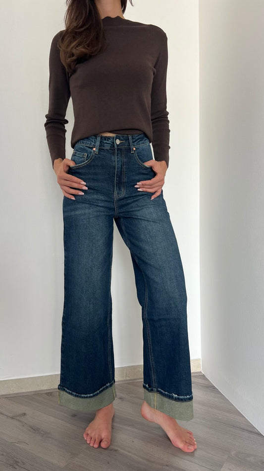 Jeans wide leg con risvolto